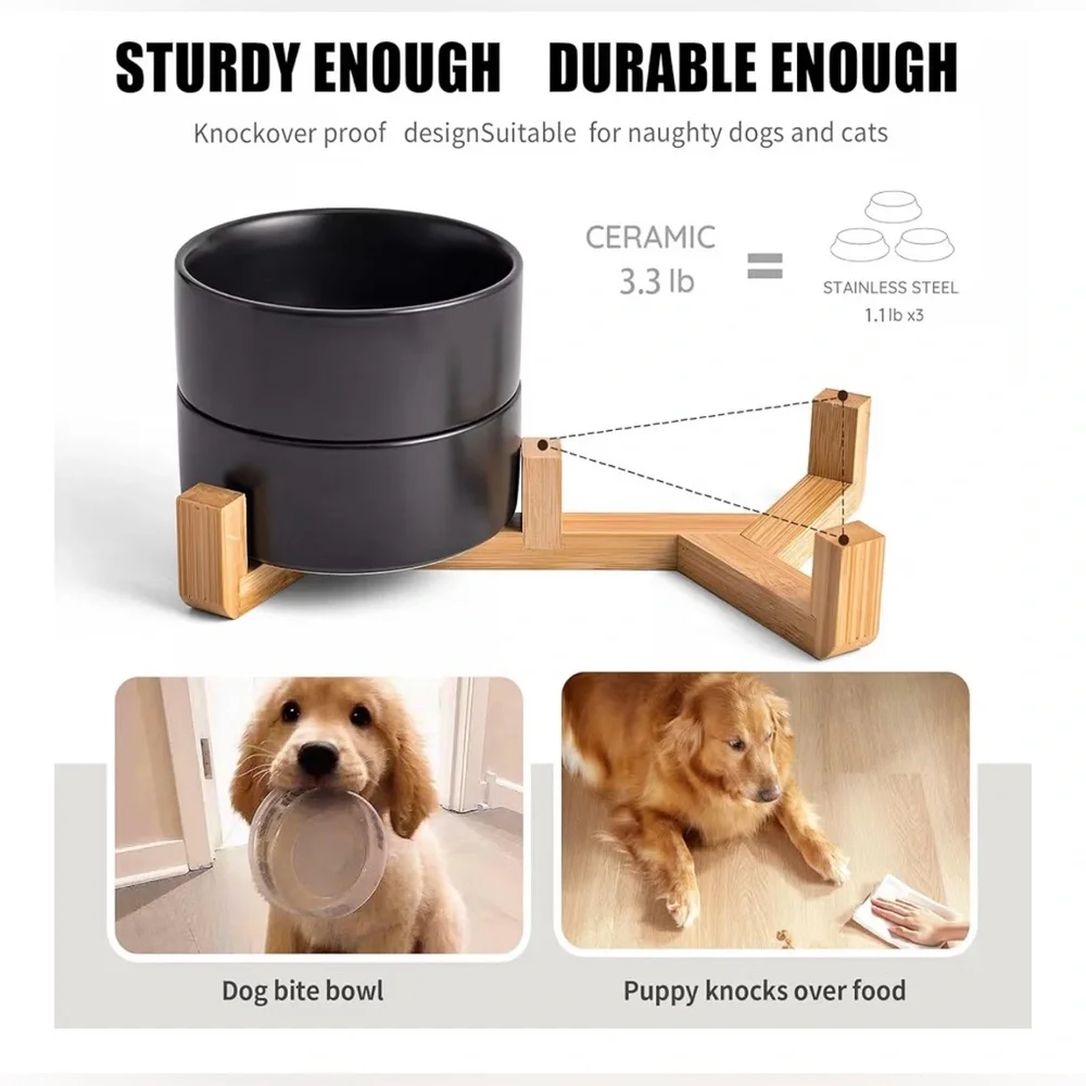 Black Ceramic Dog & Cat Bowl Set W/Wooden Stand